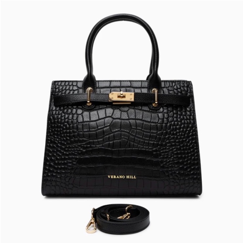 Verano Hill Black Leather Croc-Embossed Handbag Retail $165
